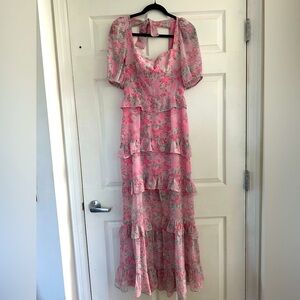 Wayf Pink Floral Ruffle Maxi Dress
